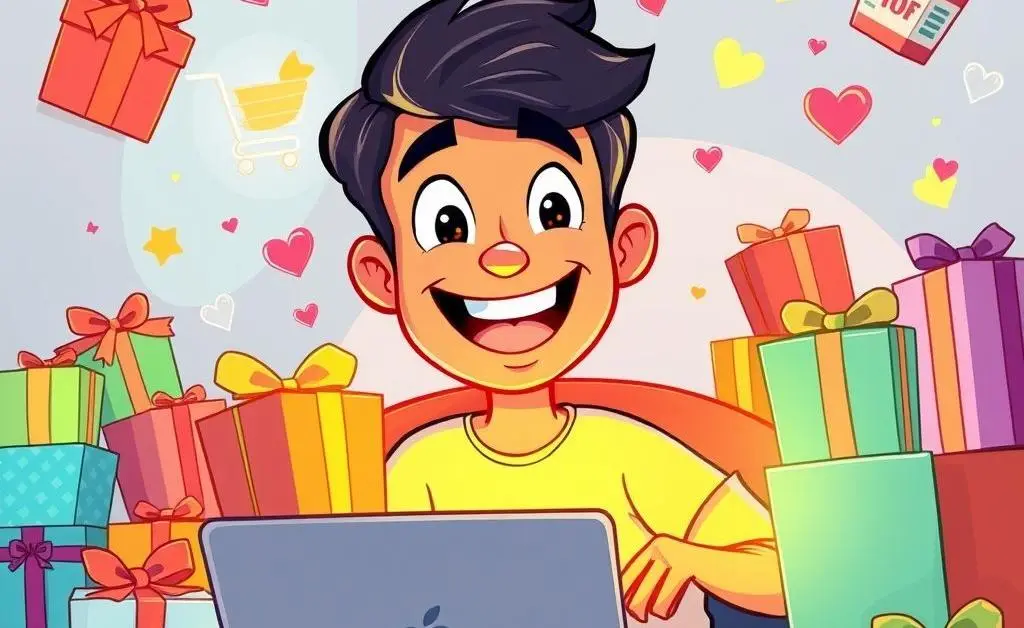 Cartoon-style image of a joyful person online shopping, surrounded by gift boxes