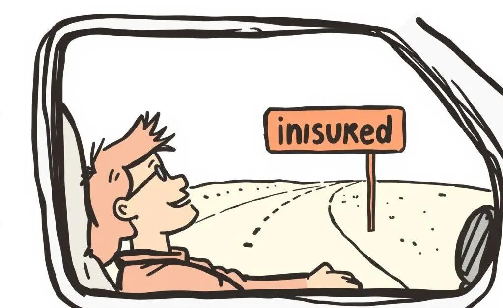 Person happily driving on a road trip with an 'Insured' sign.