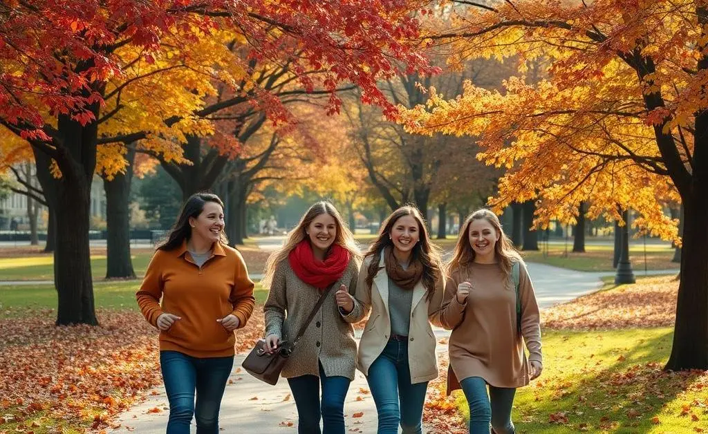 Group of friends walking through a park during autumn, surrounded by colorful leaves.