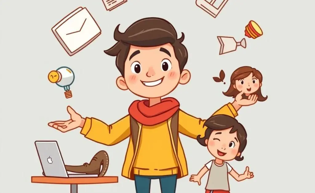 A cartoon character juggling different life aspects: work, hobby, family