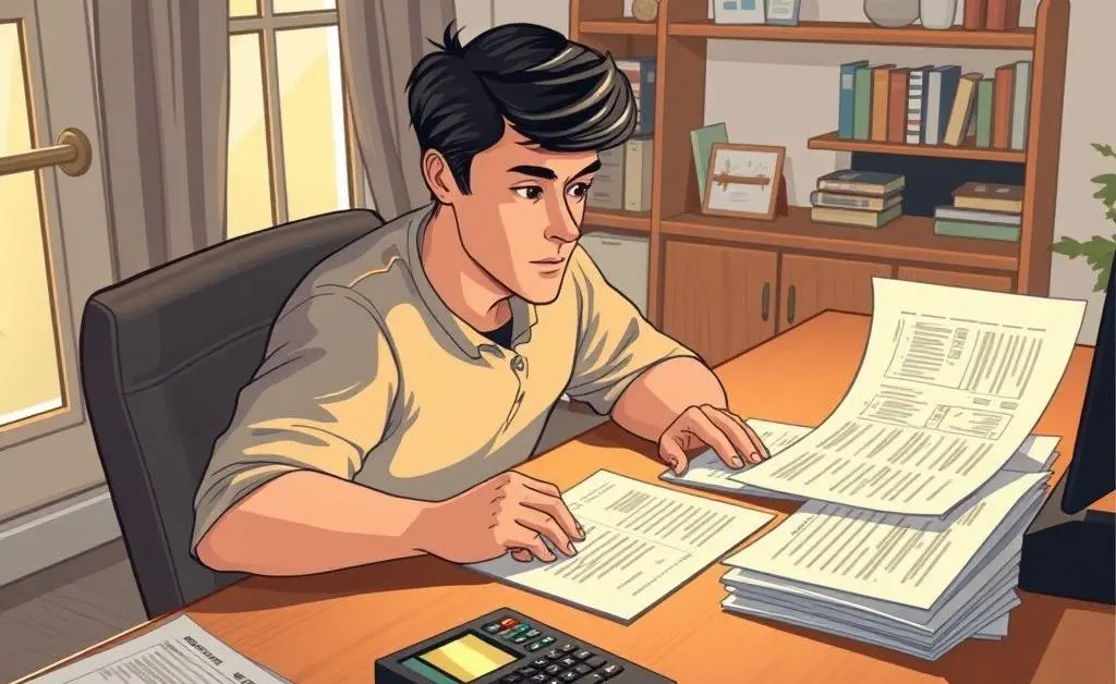 An illustration of a person sitting at a desk planning a budget with papers and a calculator