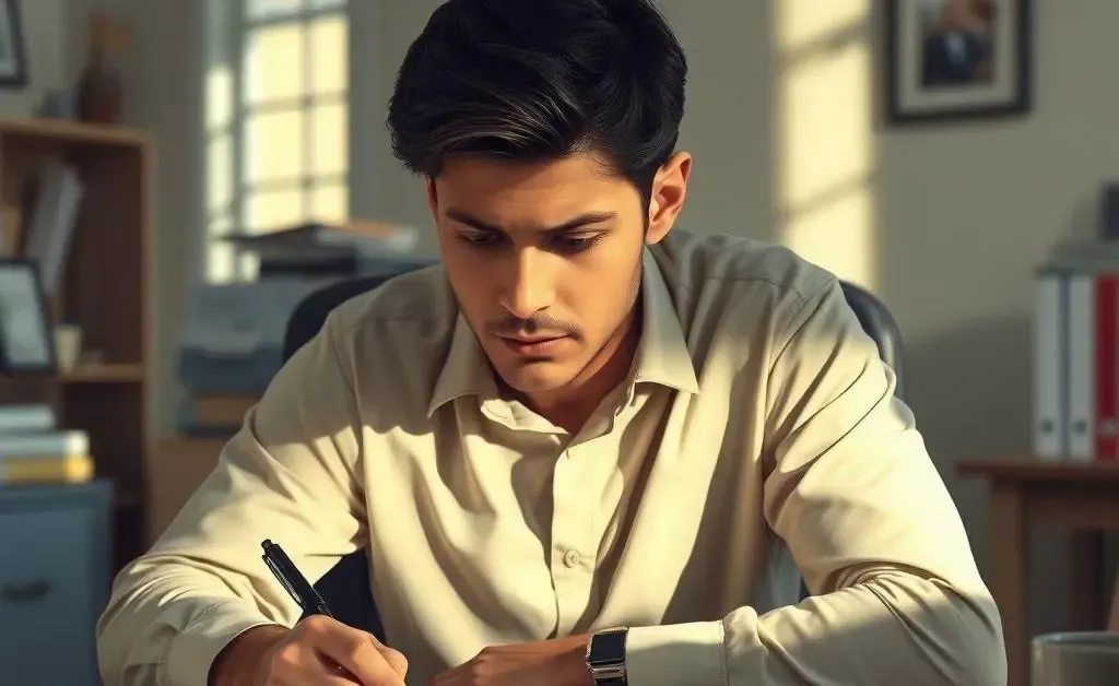An image showing a person filling out jury service paperwork with a thoughtful expression