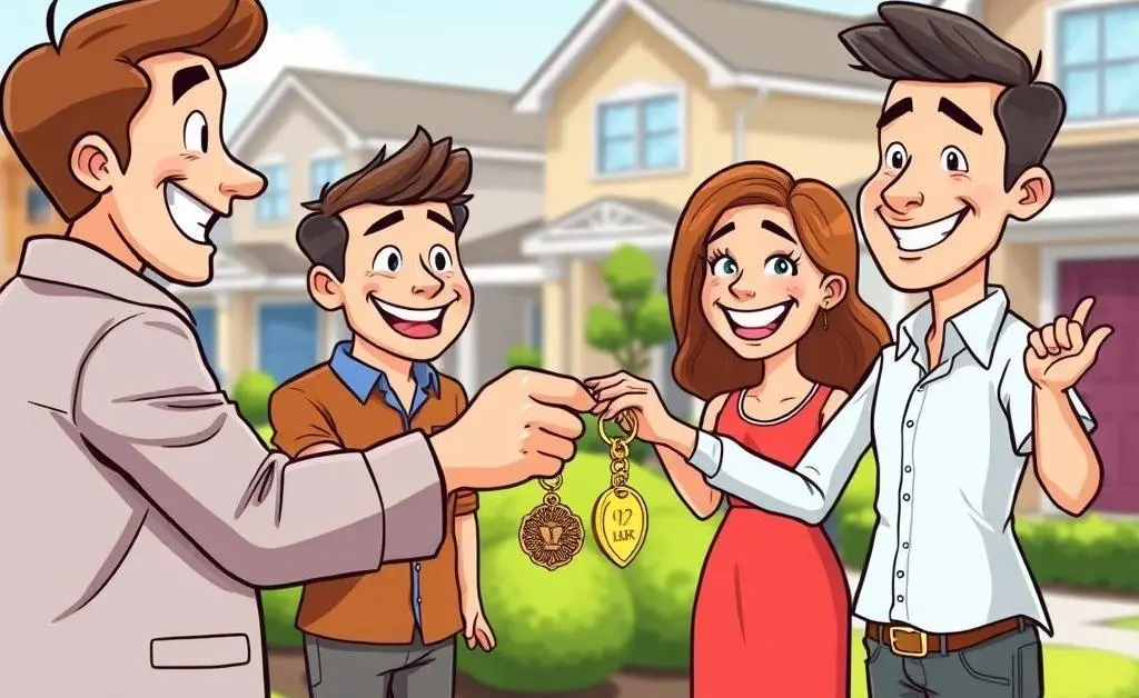 Cartoon-style depiction of a couple exchanging house keys with an agent.