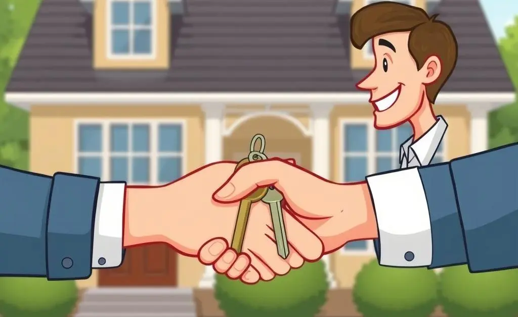 Handshake with house keys in front of a house