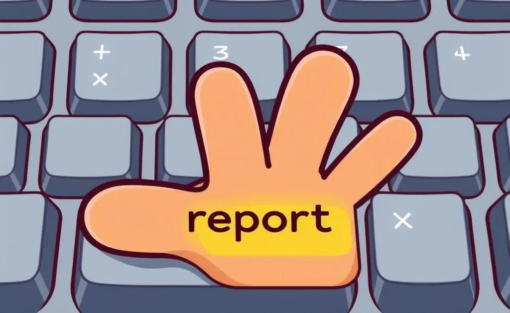 A cartoon-style image of a hand hovering over a keyboard with 'report' key highlighted