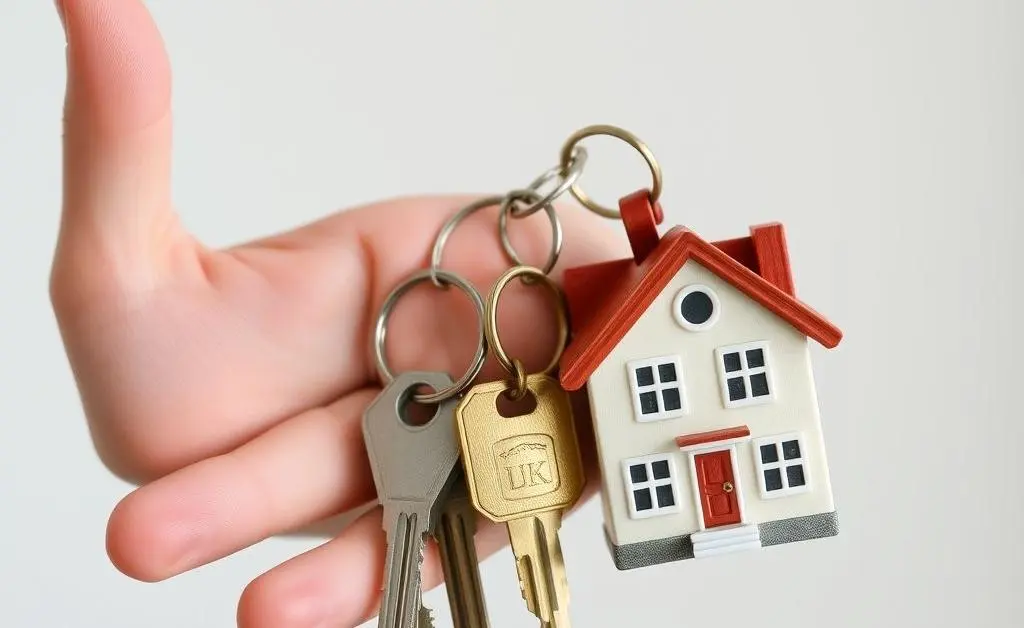 A hand holding two different sets of keys, one for an apartment and another for a house.
