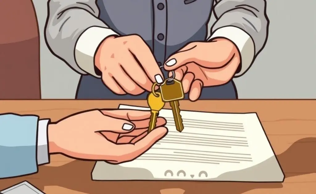 Hands exchanging house keys over a contract
