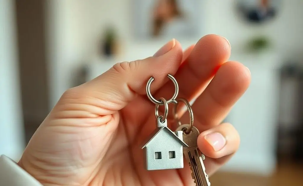 Hand holding a new set of house keys with a small house keychain.