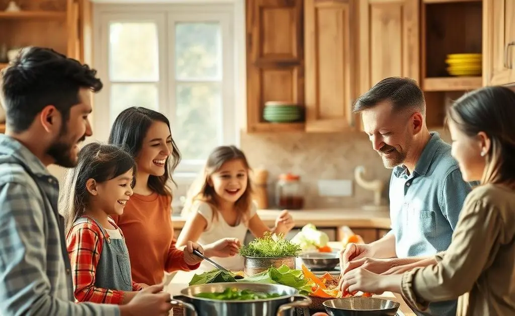 A family enjoying cooking together in a happy and inviting kitchen setting.