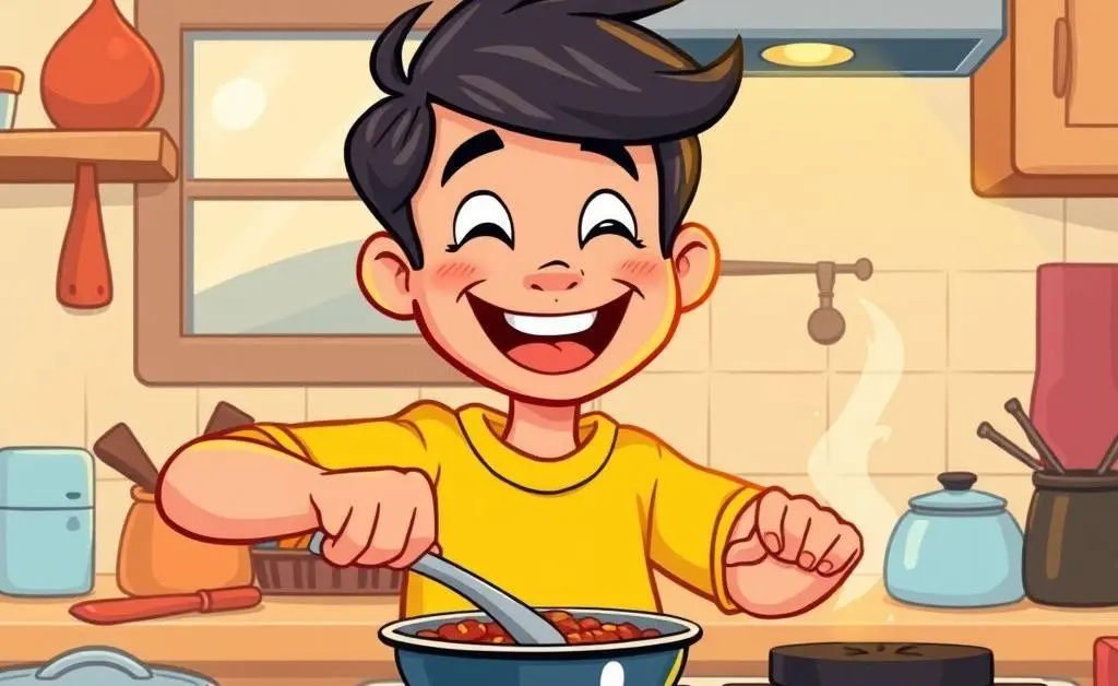 A person cheerfully cooking with a minor spill on the stove.