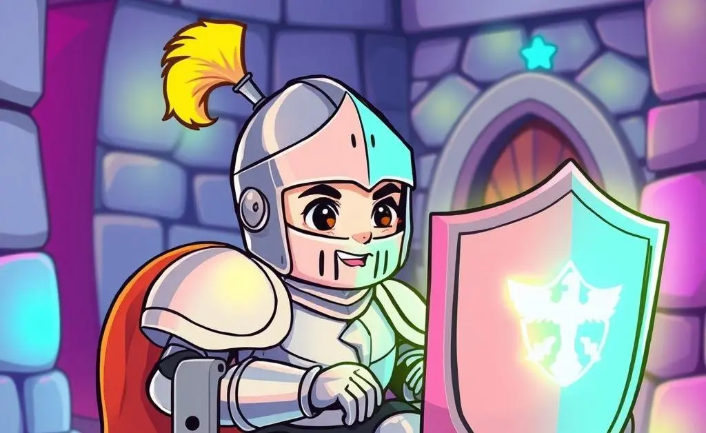 A cartoon knight sitting at a computer, shielded against online threats.