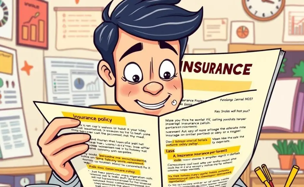 A cartoon-style guide showing someone reading an insurance policy document with important items highlighted.