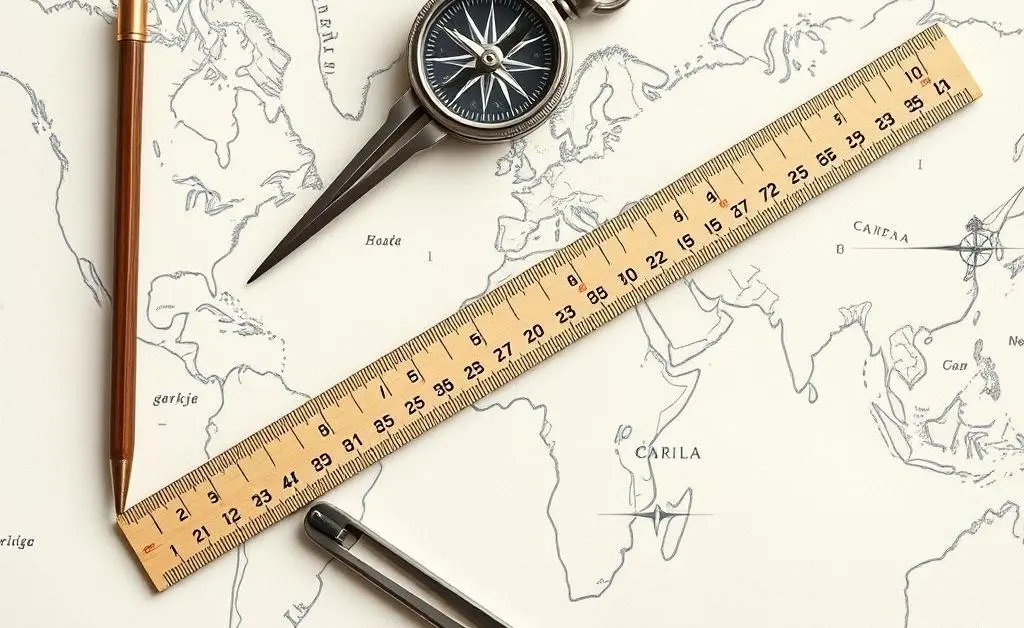 A hand-drawn map with measuring tools like a compass and ruler on top.