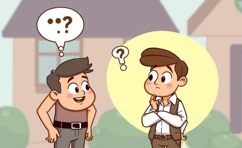 A friendly cartoon landlord speaking with a tenant who looks confused but thoughtful.