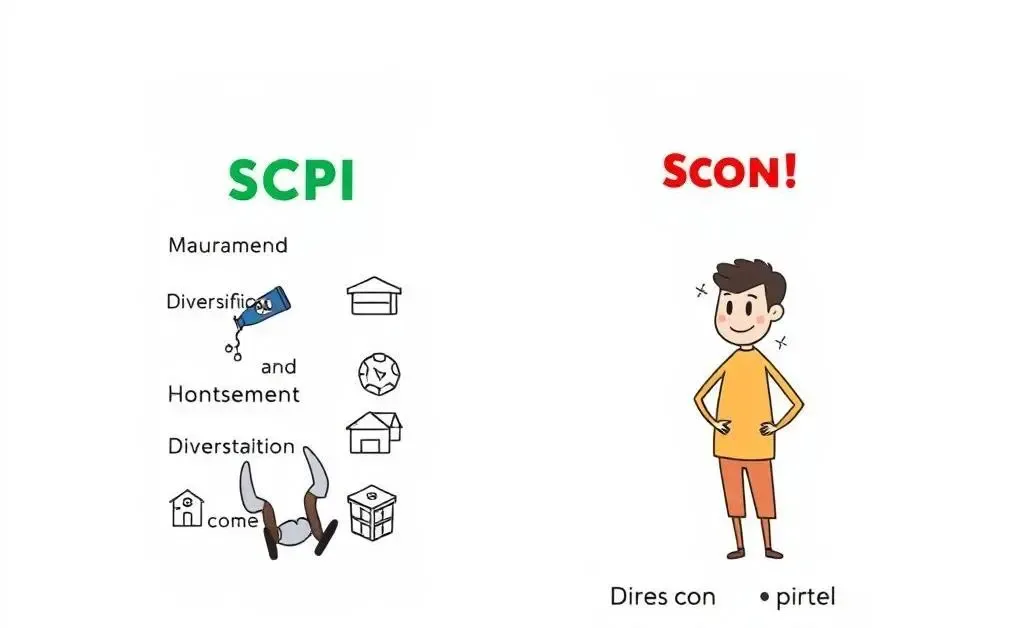 Cartoon-style table comparing pros and cons of SCPI versus direct property management.