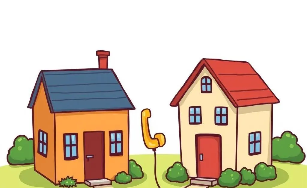 Houses with a string telephone, symbolizing communication or gossip.