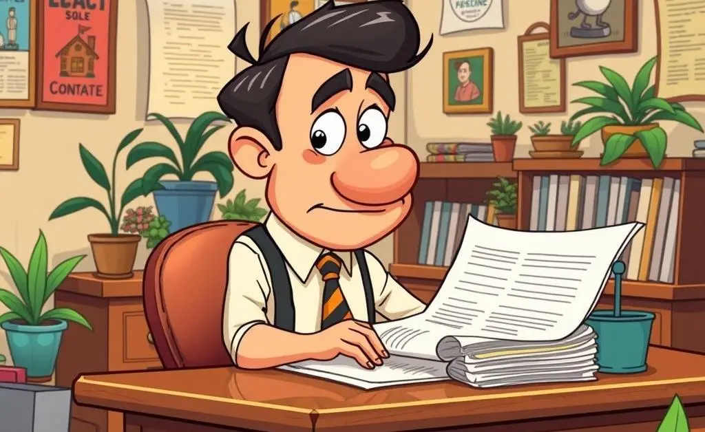 Cartoon landlord pondering over paperwork.