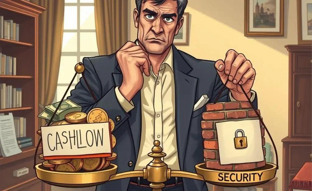 Illustration of a landlord weighing options on a balance scale labeled 'cash flow' and 'security'