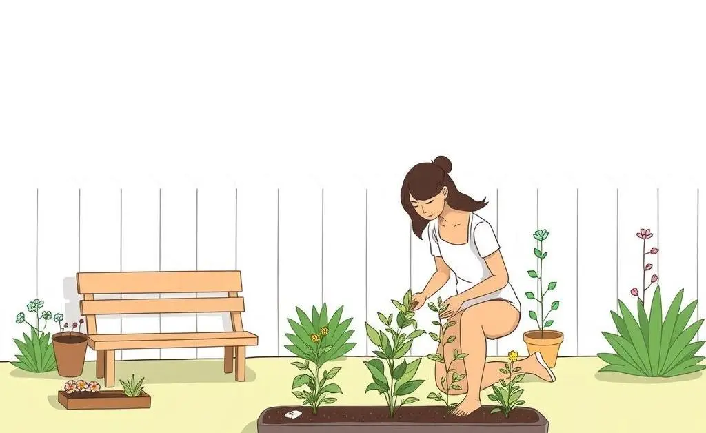 A minimalist illustration of a couple gardening together in their backyard