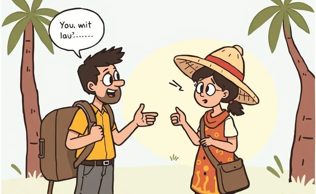 Cartoon of a traveler trying to communicate with a local who doesn't speak the same language