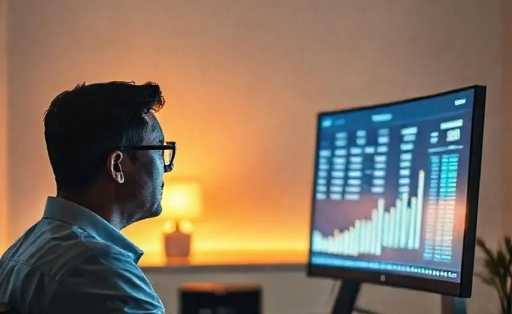A person in front of a computer, looking at a large bank deposit on the screen.