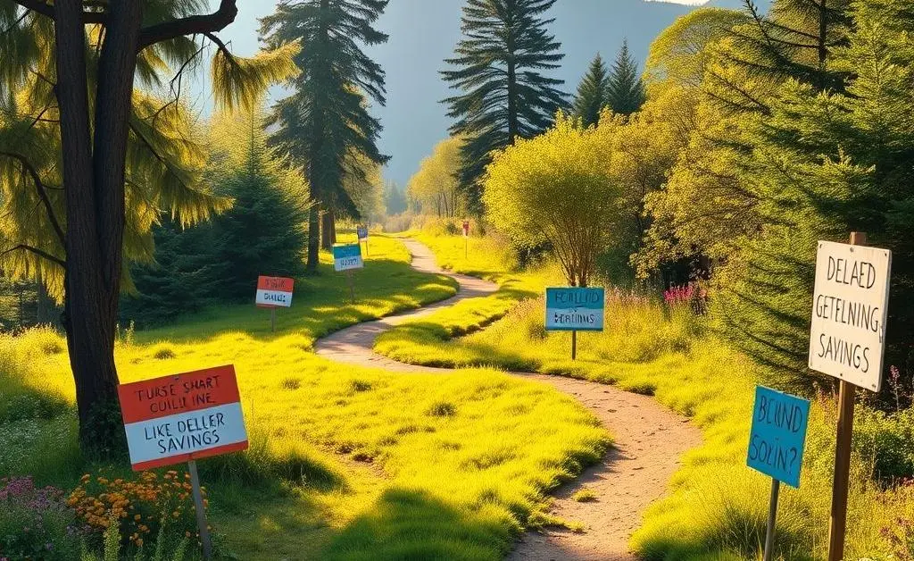 A winding path representing a late start in savings with motivational signs along the way
