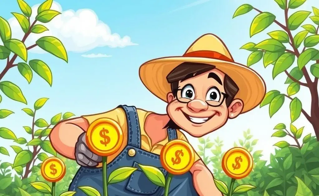 A cartoon image showing a person in their 40s starting to plant money trees.