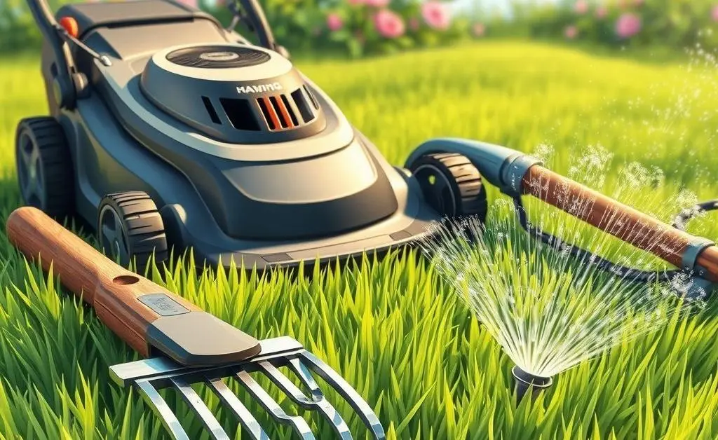 Various lawn care tools arranged on grass