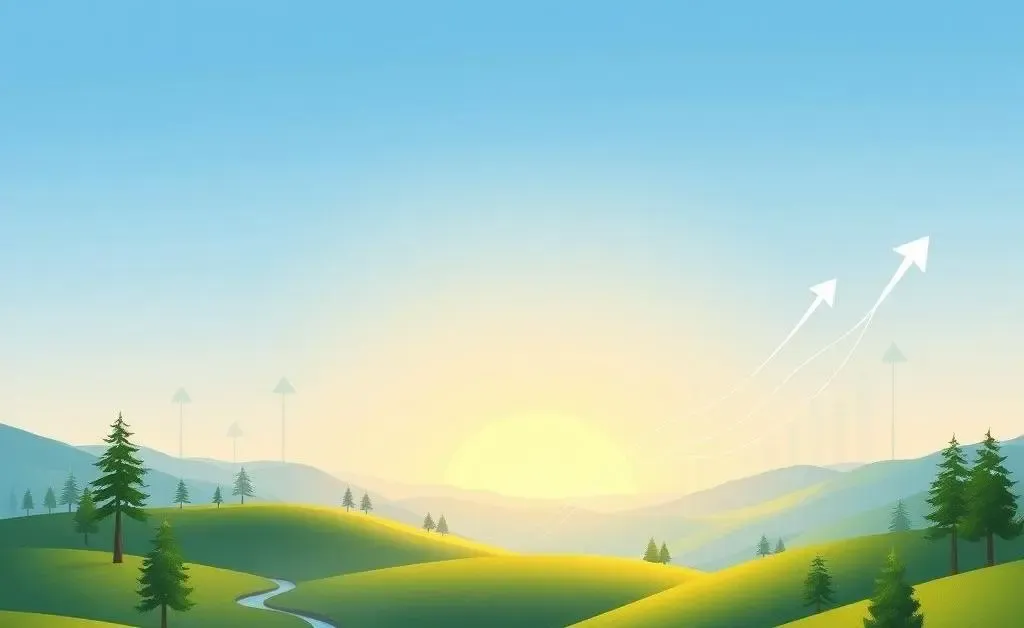 Illustration of a calm landscape with investment symbols drawn as part of the scenery
