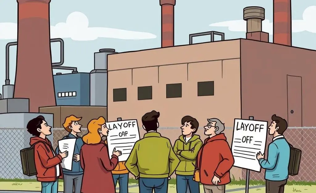 People outside a factory discussing layoff announcements
