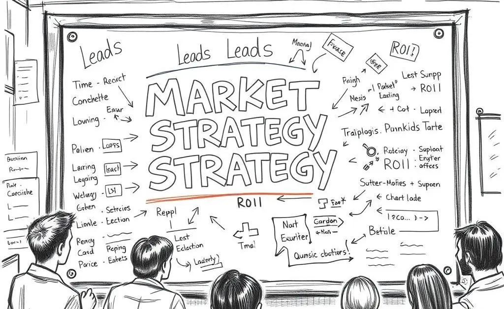 Market strategy board with keywords like leads, strategy, and ROI