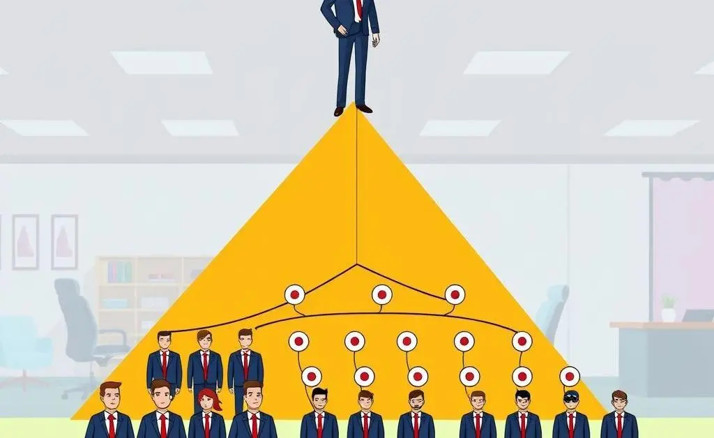 Cartoon-style image showing a traditional organizational hierarchy being replaced by a modern, flatter structure.