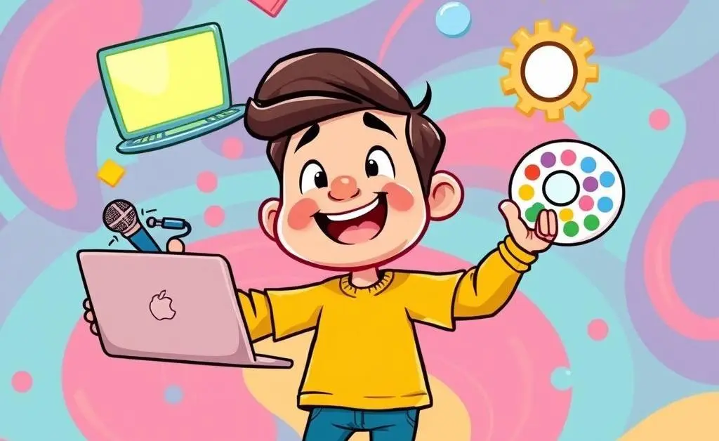 Cartoon-style person juggling different skills like coding, public speaking, and design