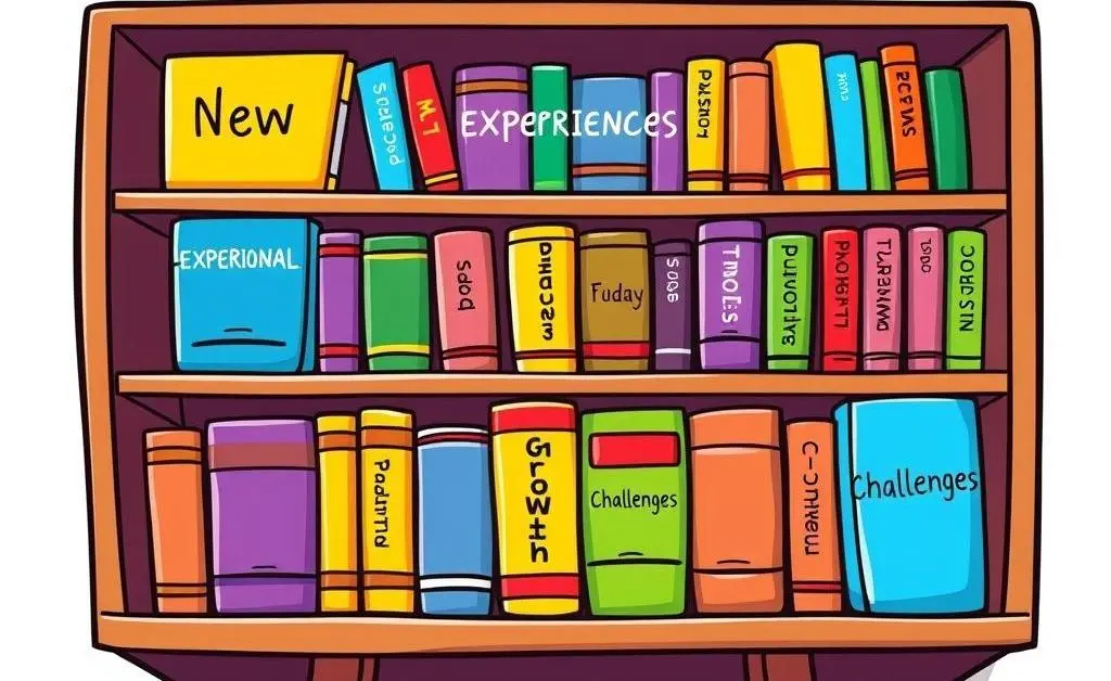 A colorful, cartoon-style bookshelf with books labeled 'New Experiences', 'Personal Growth', and 'Challenges'