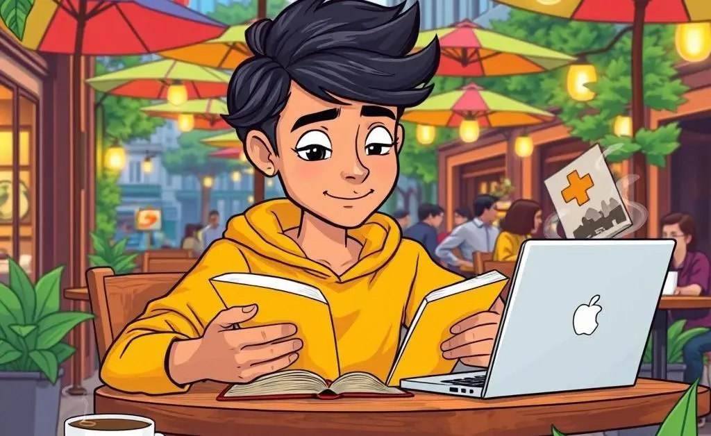 Person reading at a café table