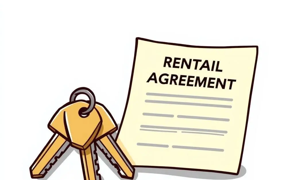 A cartoon showing a set of house keys next to a rental agreement document.