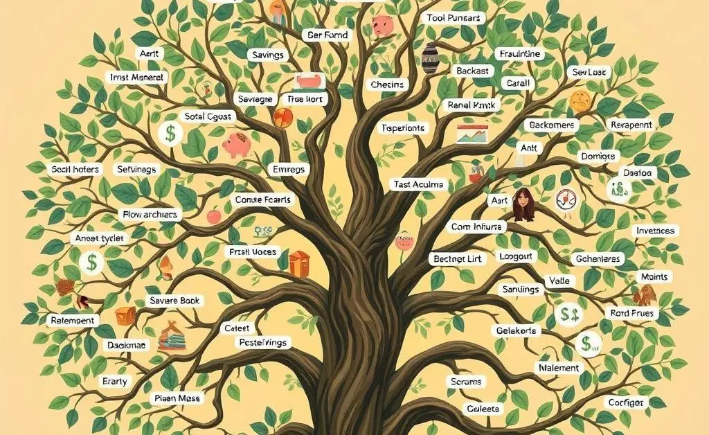 A family tree with financial accounts and beneficiaries