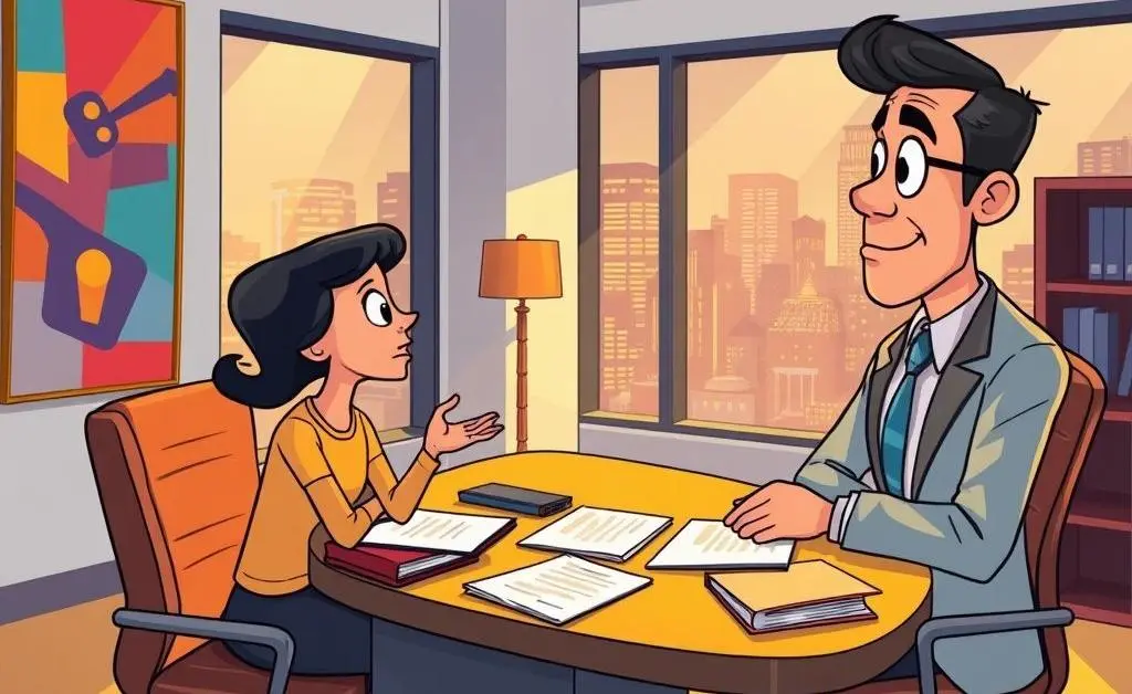 Person speaking with a lawyer in an office setting, with papers on table