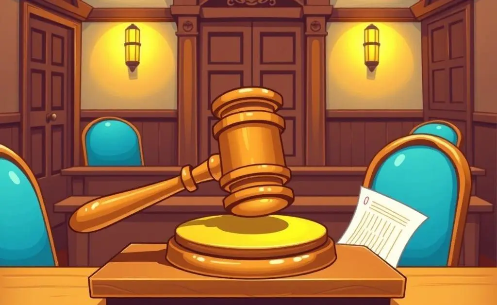 Courtroom setting with a judge's gavel.