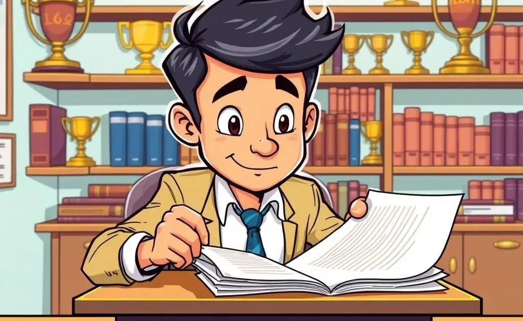 Cartoon-style image of a person reviewing legal documents at a desk.