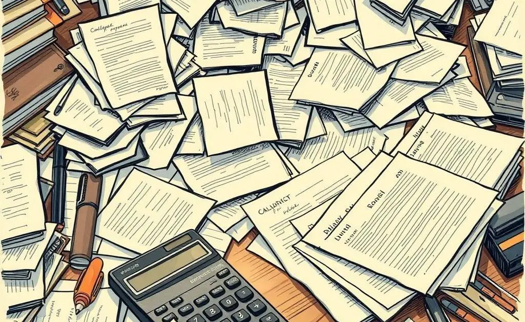 A drawing of a cluttered desk filled with legal documents and a calculator.