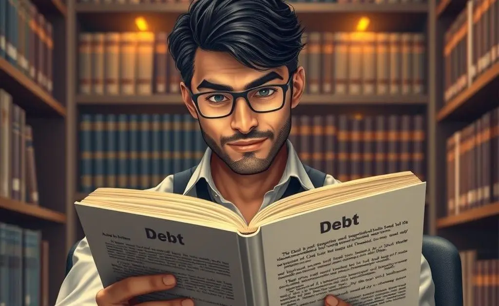 A character reading a legal book on handling debt, looking informed and confident.