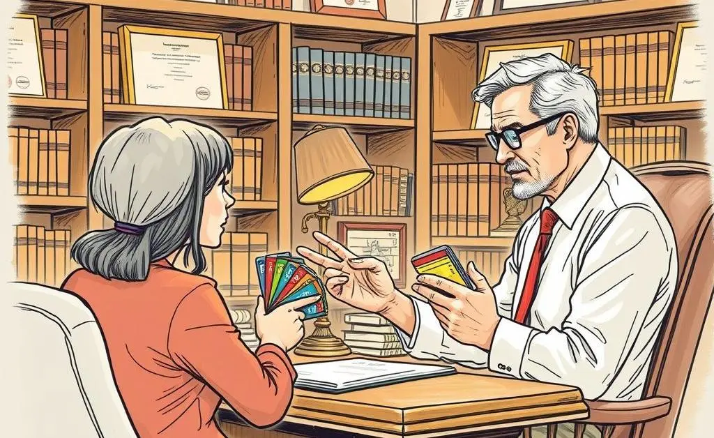 Hand-drawn portrayal of a lawyer giving advice to a person holding a stack of prepaid cards, all set in a cozy office.