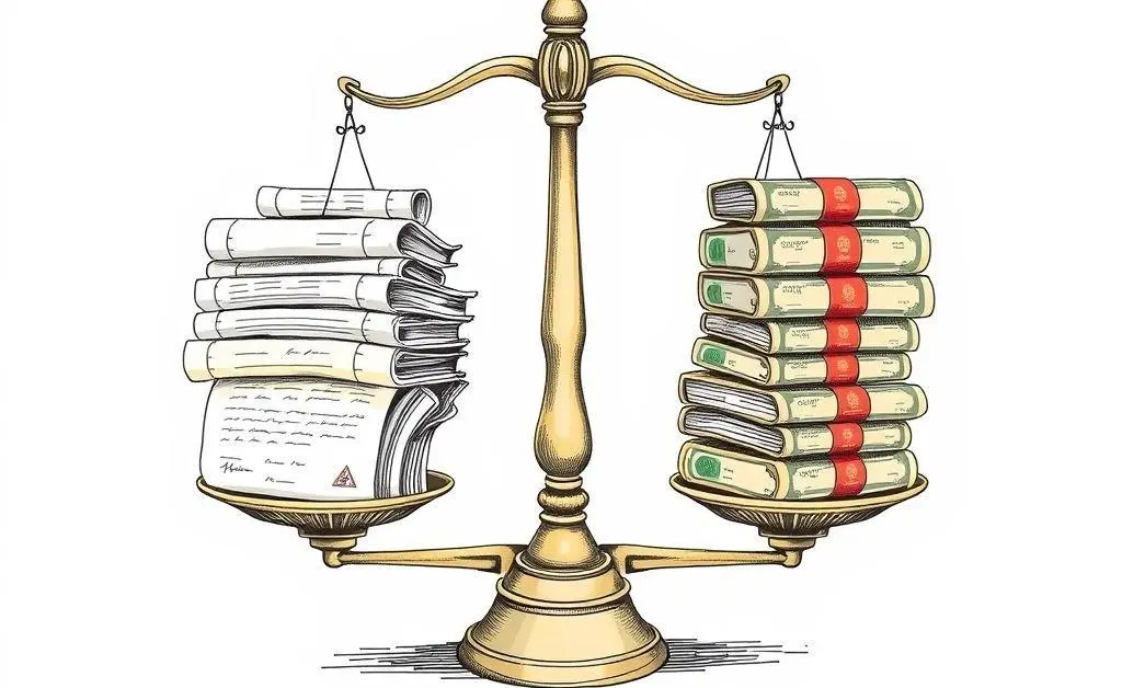 Scale balancing legal documents and stock certificates