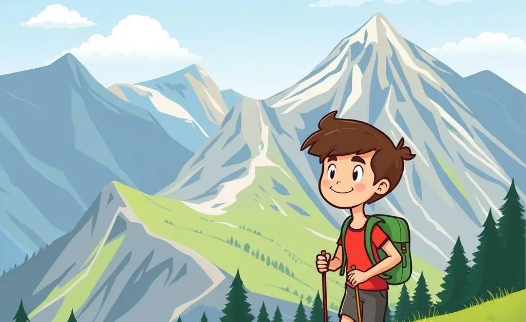A cartoon-style image of a person hiking in a beautiful mountain landscape, representing leisure activities.