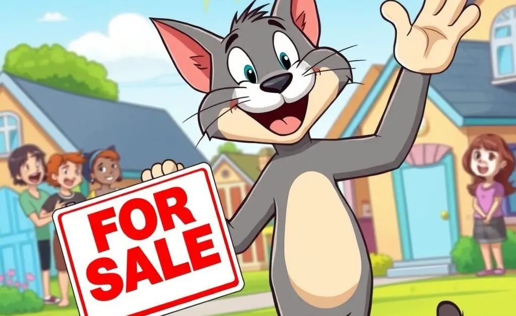 Tom waving goodbye to his friends with a 'For Sale' sign and a grin of relief