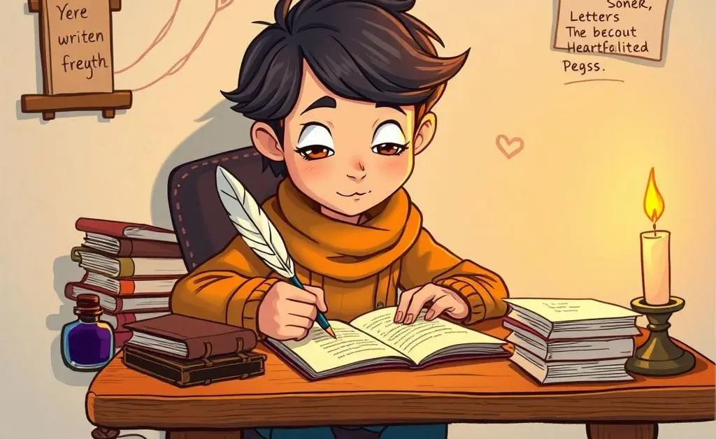 A cartoon-style image of someone writing a letter at a desk, emphasizing communication.