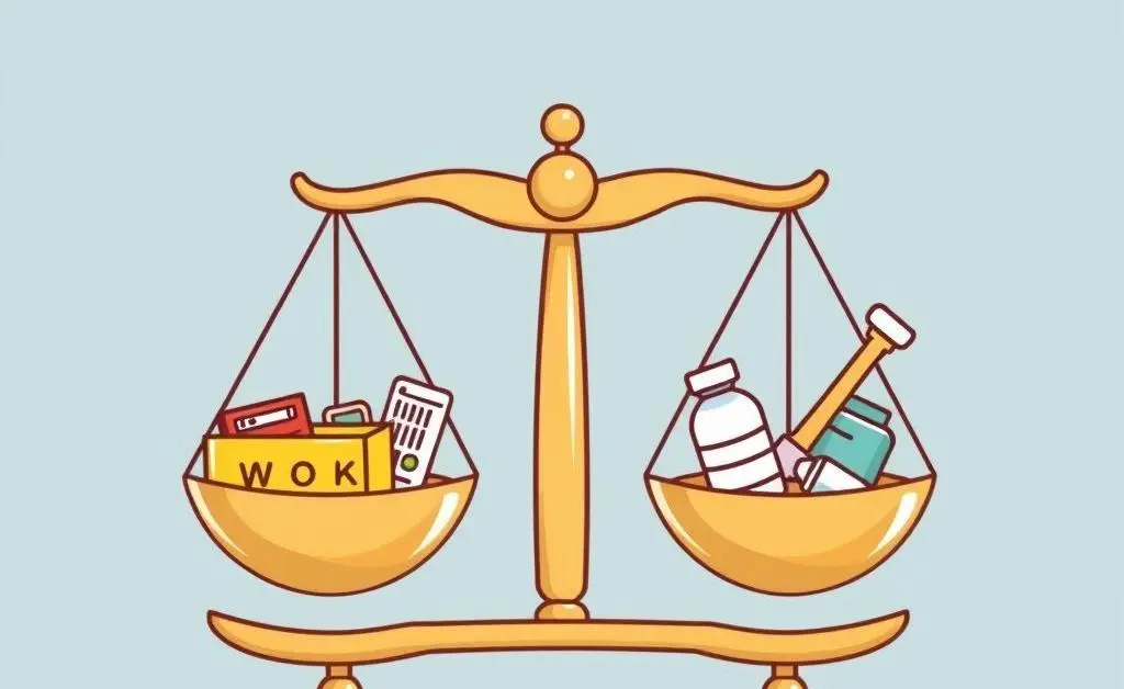 Balance scale with work and relaxation items illustrating life balance