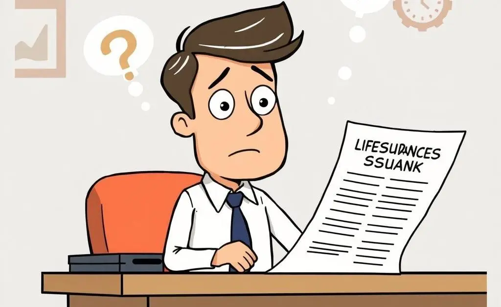 A cartoon of a person sitting at a desk, looking puzzled at life insurance papers