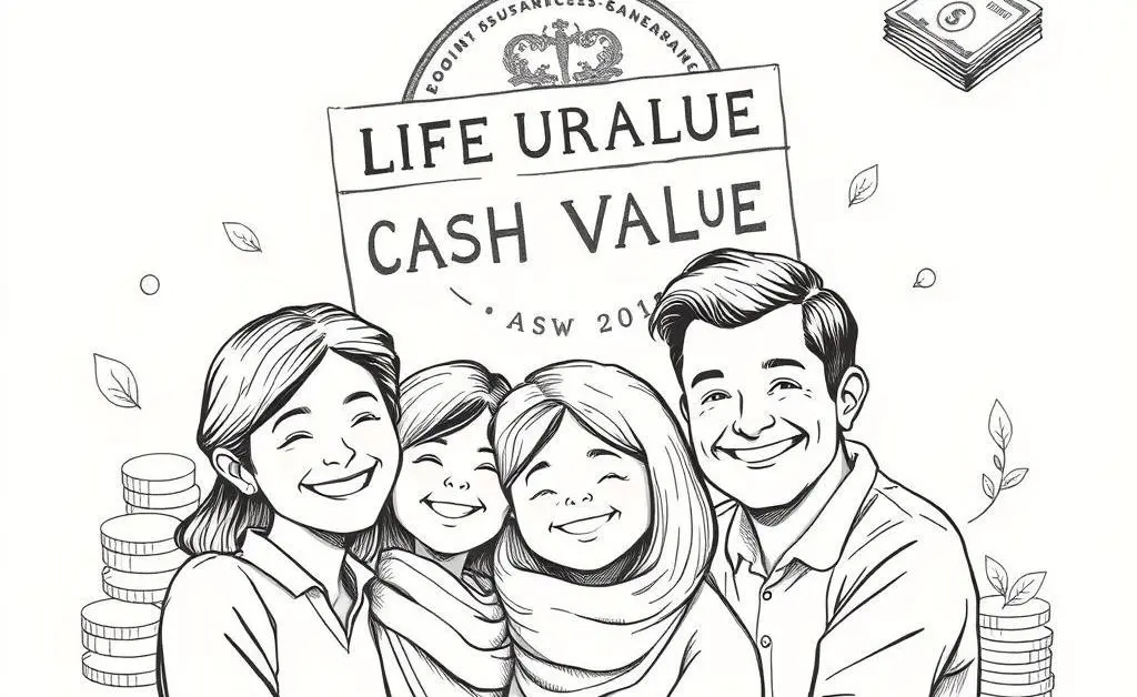 Illustration of a family with a cash value life insurance policy in the background